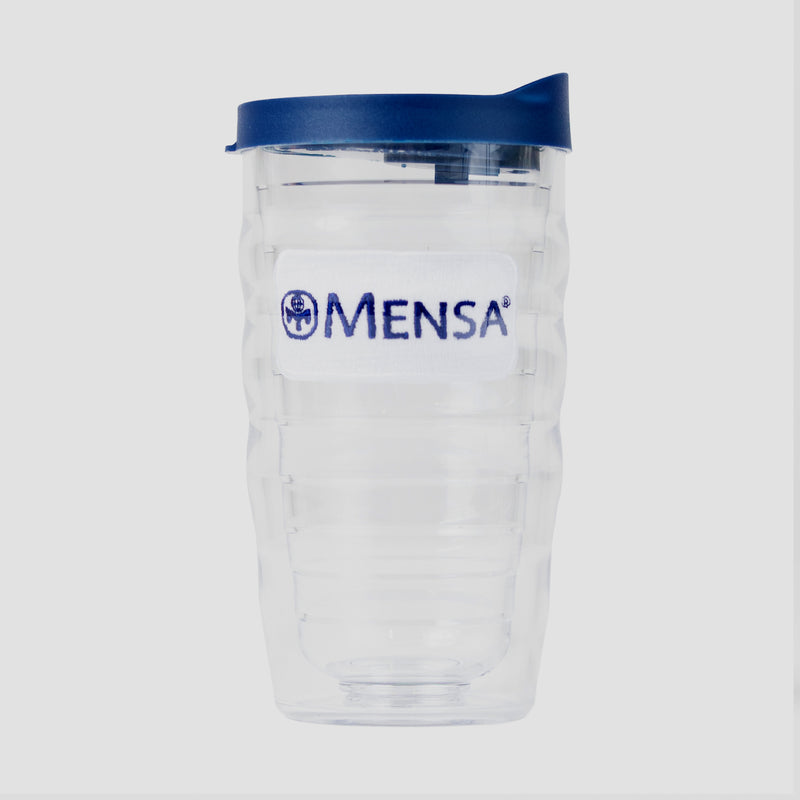 Clear 10 oz tumbler with Navy Mensa logo on side and navy lid
