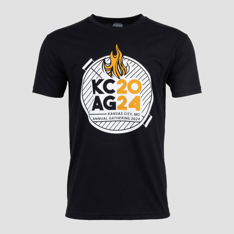 Mens tee with graphic on front with text "KCAG 2024 KANSAS CITY, MO ANNUAL GATHERING 2024"