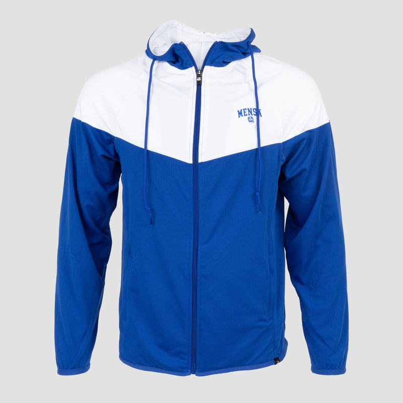 Blue and White Full zip jacket with "MENSA" text and Mensa logo on left chest