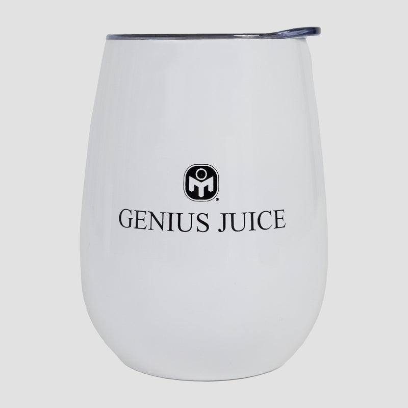 White vacuum cup, with mensa logo on size and text "GENIUS JUICE"