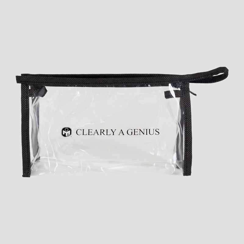 Clear travel bag with black Mensa logo on side with text "Clearly a genius"