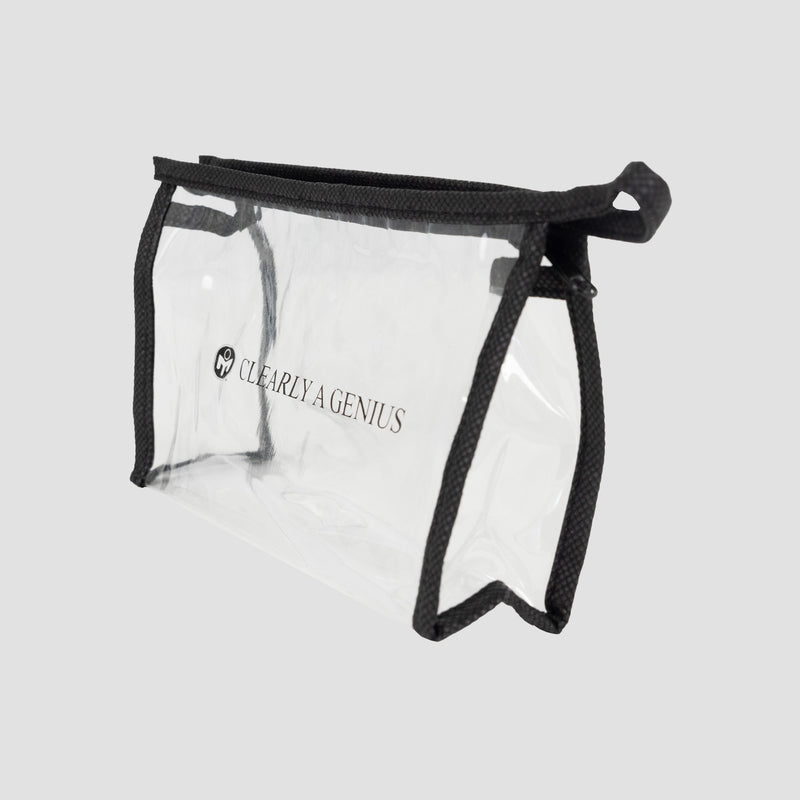 Clear travel bag with black Mensa logo on side with text "Clearly a genius"