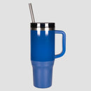 rear view of blue tumbler with lid and straw