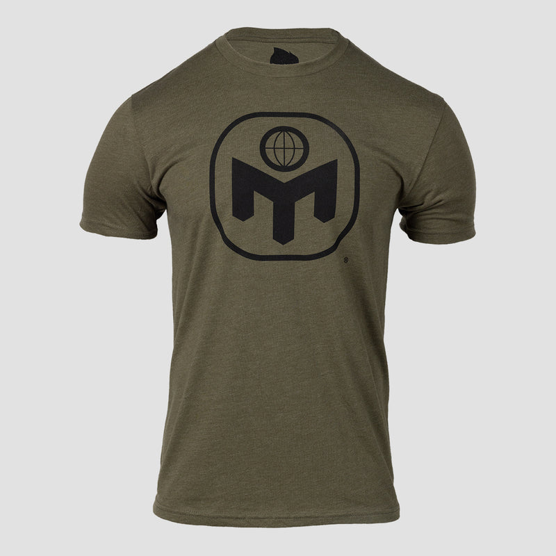 Military Green tee with black square Mensa logo on front