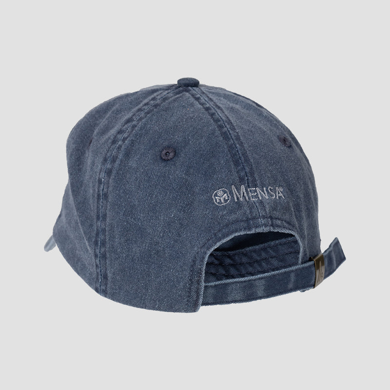 rear view of navy hat with mensa text and logo on back
