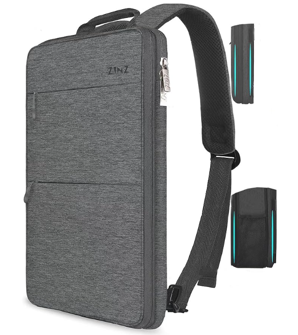 grey expandable laptop backpack showing 3 angles