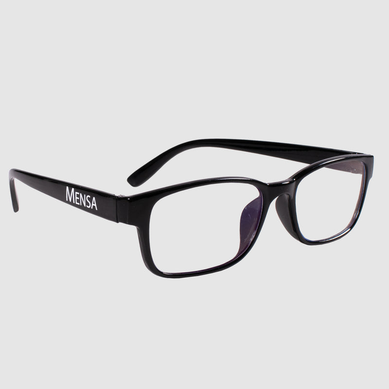 photo of black glasses with white mensa text on side