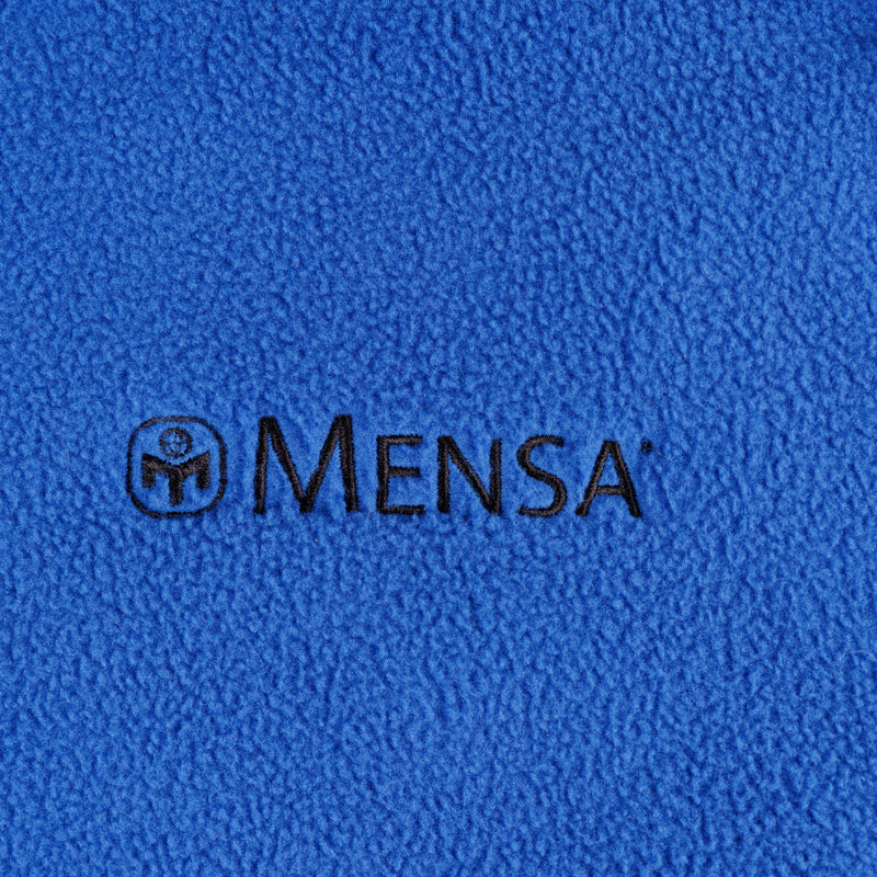 closeup of MENSA logo on left chest of Royal Full zip jacket