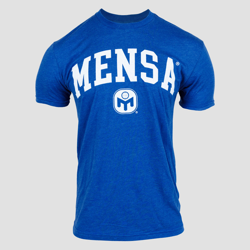 Royal Mensa Collegiate tee with white "MENSA" text on front and white Mensa logo below