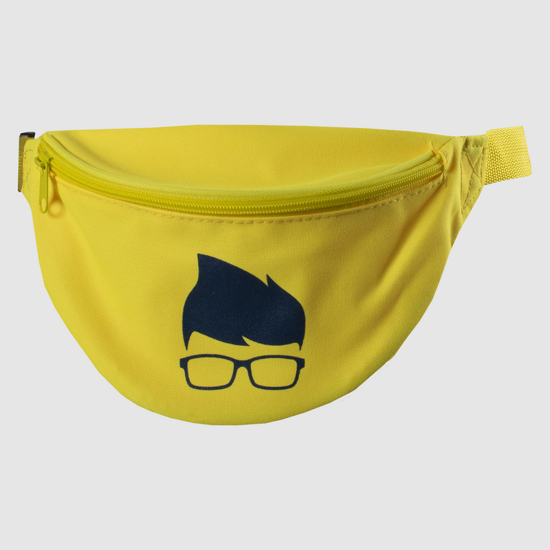 photo of fanny pack in yellow. mensa glasses and hair logo on front in blue. 