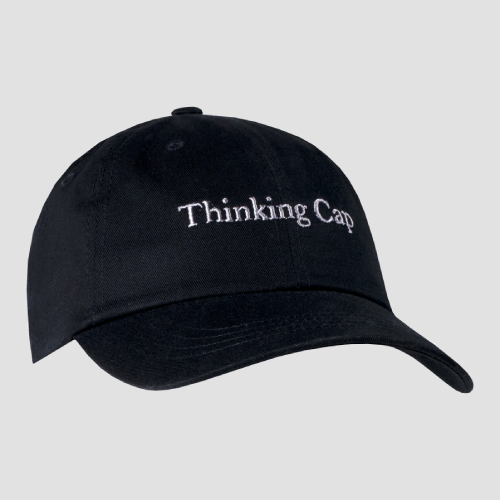 Black Dad hat with text Thinking Cap embroidered on front