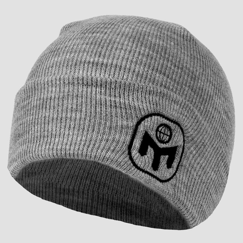 front view of grey beanie as it would fit on head with Mensa icon logo in black