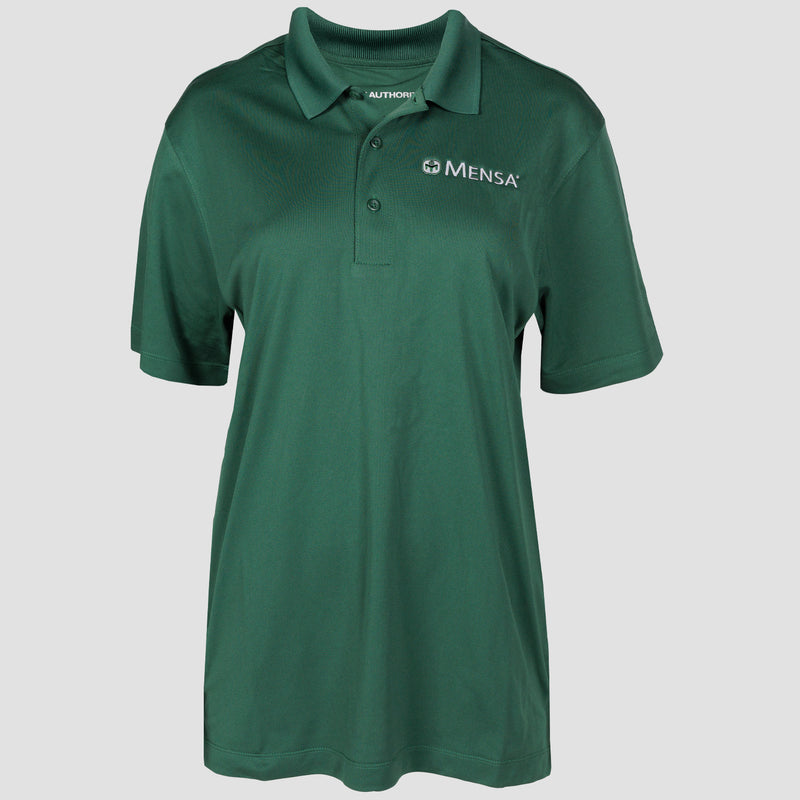 Green Polo on female mannequin with white mensa logo on left chest