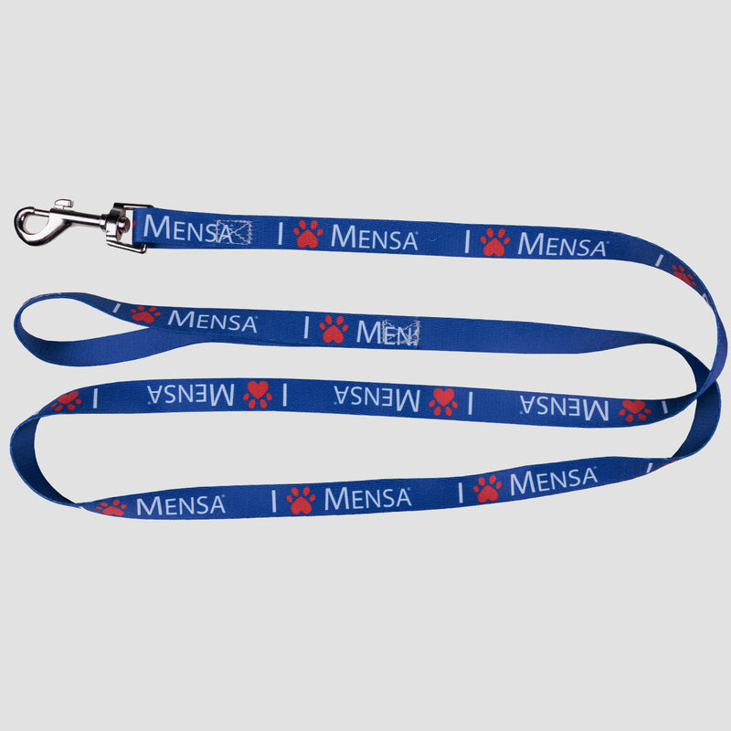 blue pet leash with text and graphic "I pawprint Mensa"