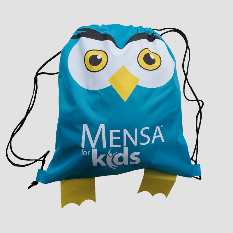 closed view of light blue drawstring sport pack with owl graphic and owl feet below with white text "Mensa for kids"