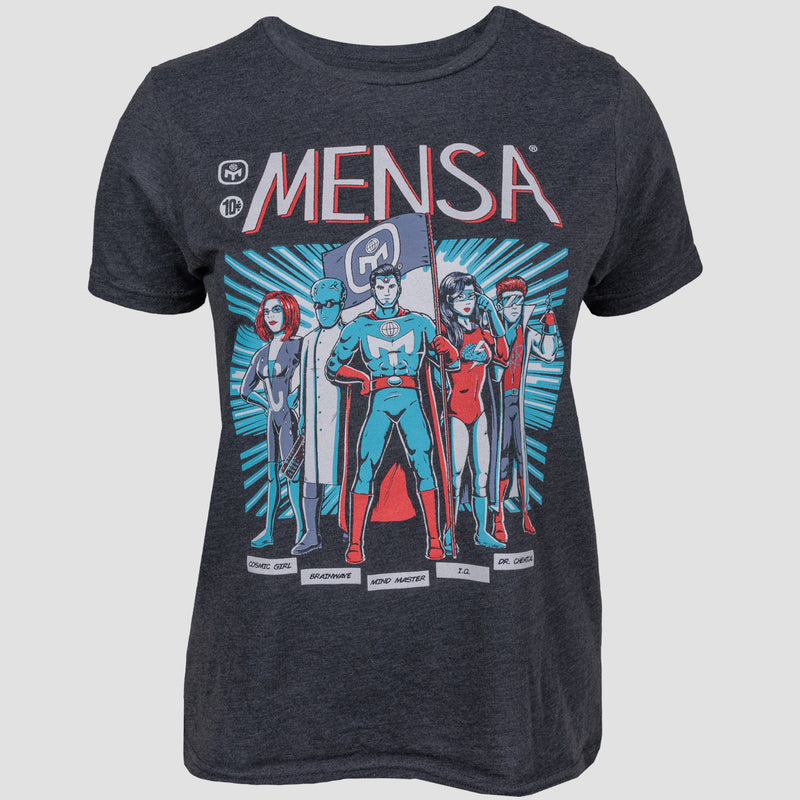 Charcoal Shirt with Mensa logo and superheros on front