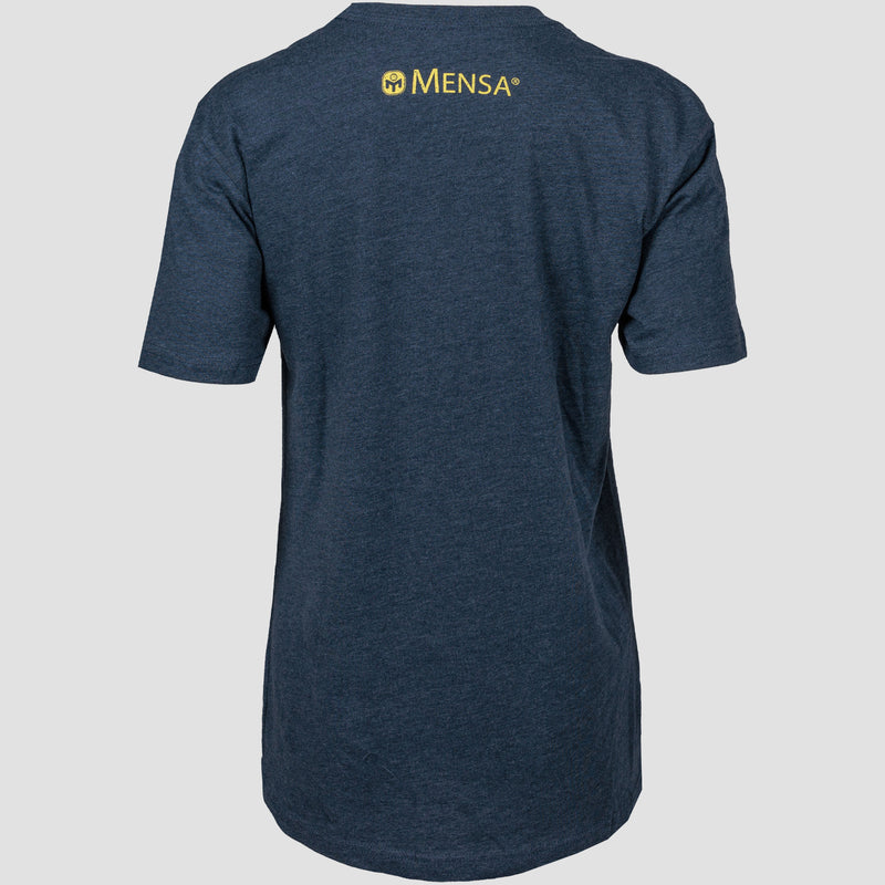 back view of navy shirt with Mensa logo in yellow on neck on female mannequin