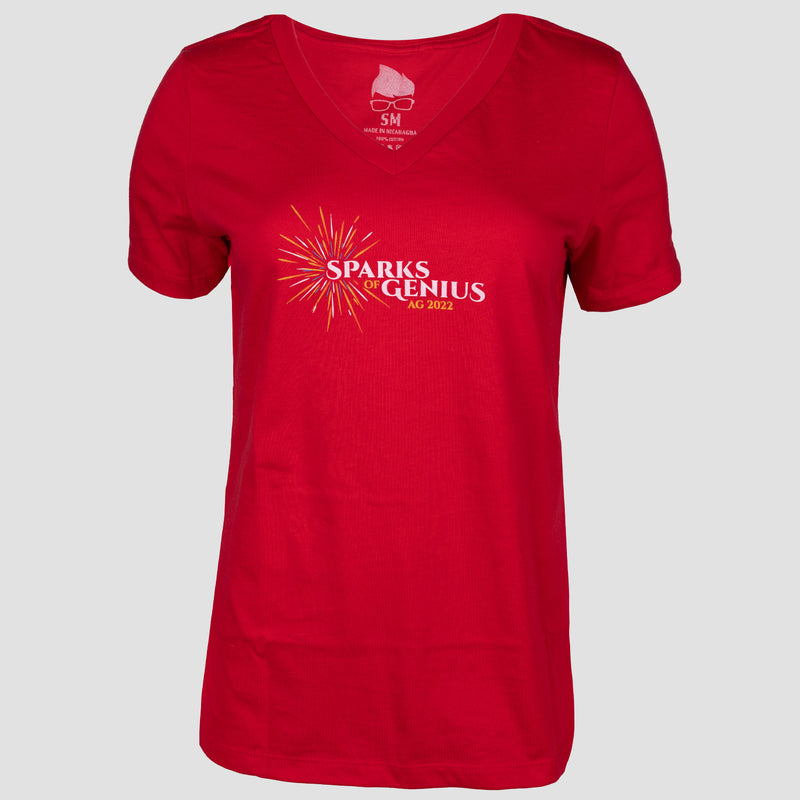 red tee with sparks of genius ag 2022 with starburst effect on S 