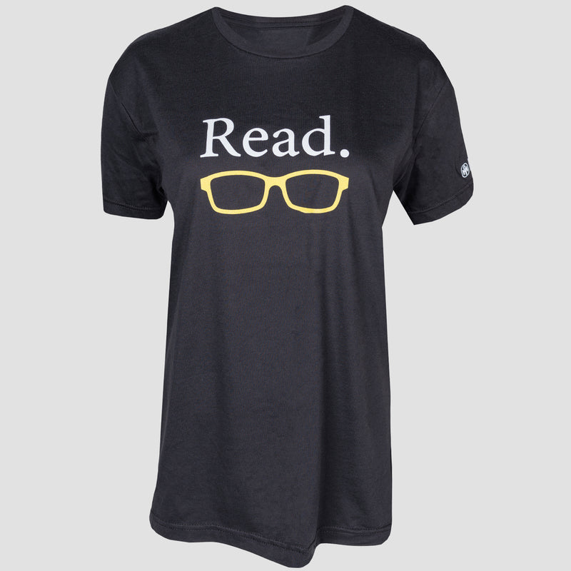 front view of BLACK TEE WITH YELLOW GLASSSES AND the word "read" printed on the upper chest