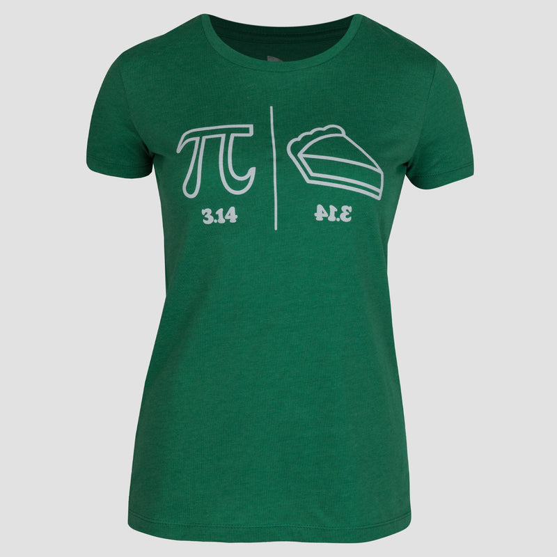 Ladies kelly green tee with white graphic of the symbol pi and a piece of pie with text beneath "3.14" and mirrored "3.14" to spell PIE