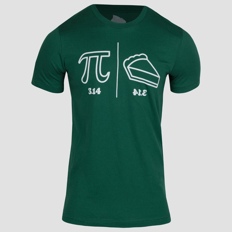 Evergreen Tee with white graphic of the symbol pi and a piece of pie with text beneath "3.14" and mirrored "3.14" to spell PIE