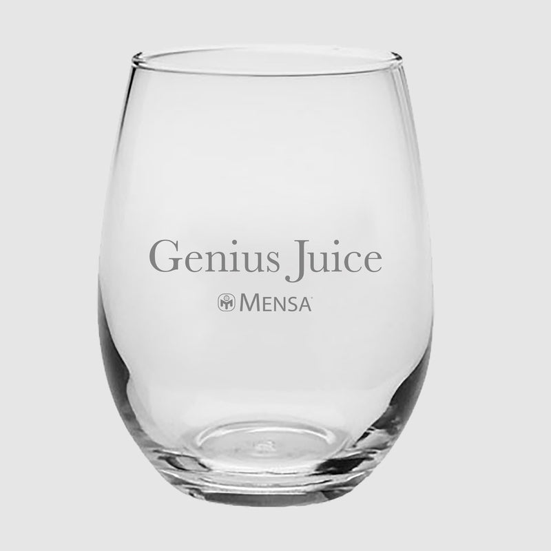 Glass  stemless wine glass with Genius Juice text and Mensa logo