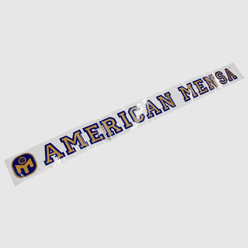 photo of american mensa window sticker. large mensa globe logo and " american mensa text in gold.
