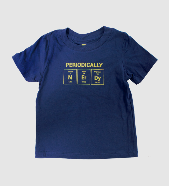 photo of navy toddler tee with periodically text at top in yellow. periodic elements spelling out nerdy in yellow below.