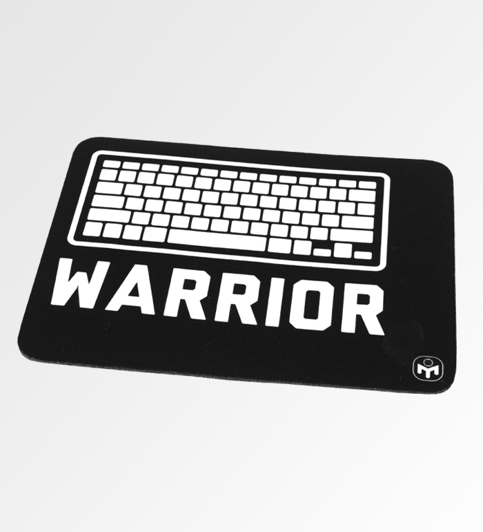 photo of black mouse pad with keyboard and "warrior" in white . small mensa globe logo in white in bottom right hand corner.