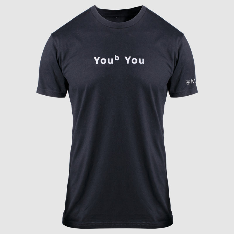 photo of black tee with "youB you" text on front in white. mensa text and globe logo on left sleeve in white.