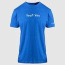 photo of blue tee with "youB you" text on front in white. mensa text and globe logo on left sleeve in white.
