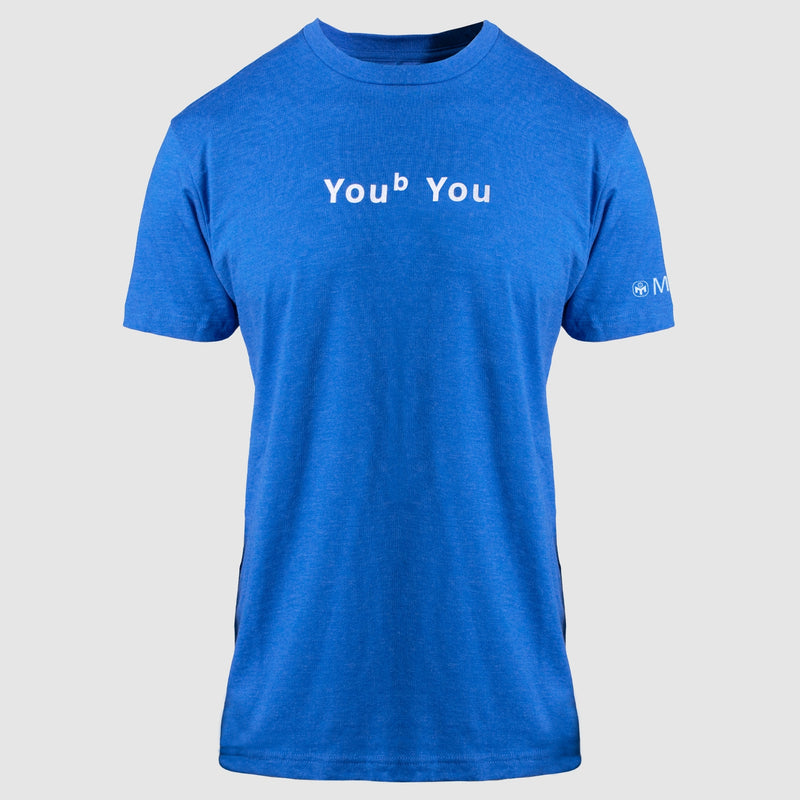photo of blue tee with "youB you" text on front in white. mensa text and globe logo on left sleeve in white.