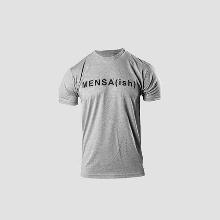 front view of heather grey tee with mensa(ish) printed on upper chest in black