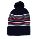 Back view of navy striped pom beanie