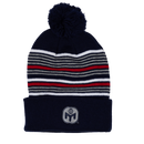 Navy striped pom beanie with mensa logo