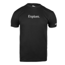 Black t-shirt with 'Explore.' text on a white background