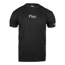 Black t-shirt with 'Play.' text on a white background