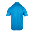 Rear view of electric blue polo