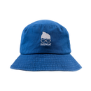Royal bucket hat with white MENSA Geeky hair and glasses logo