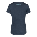 Rear view of navy v-neck tee with "MENSA" logo on upper back
