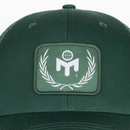 closeup of green cap showing Mensa logo patch