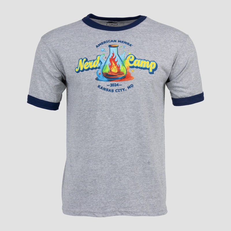 Grey ringer tee with navy rings with graphic of beaker on front with text "AMERICAN MENSA Nerd Camp 2024 KANSAS CITY, MO"