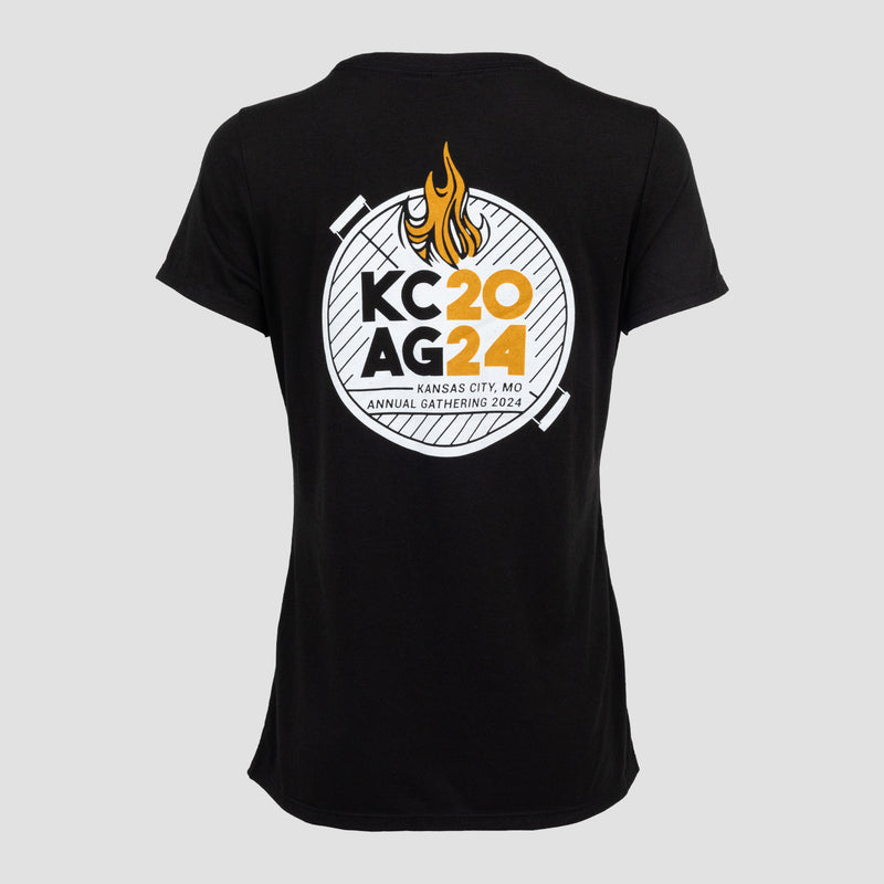 Rear view of Black Mensa ladies tee with graphic on front with text "KCAG 2024 KANSAS CITY, MO ANNUAL GATHERING 2024""