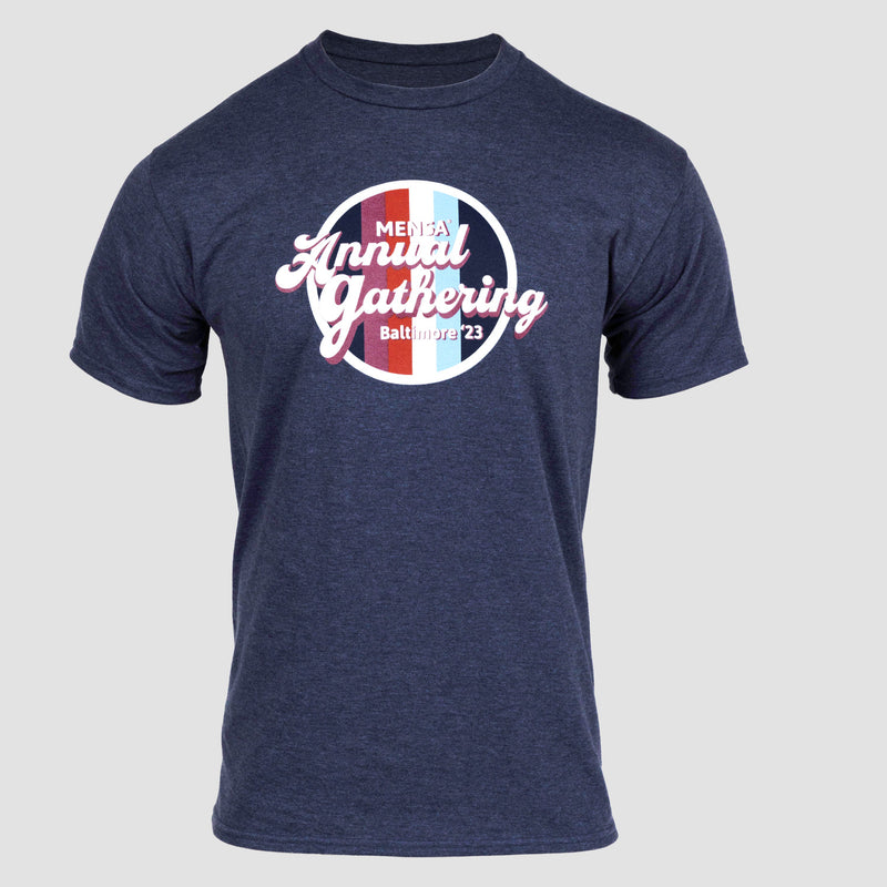Unisex Navy Heather Tee with text on front "MENSA Annual Gathering Baltimore '23"