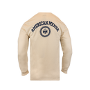 rear view of natural tee with blue "AMERICAN MENSA" text and mensa seal