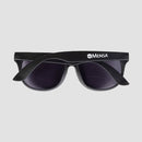 rear view of black mensa sunglasses with white "MENSA" logo on temple