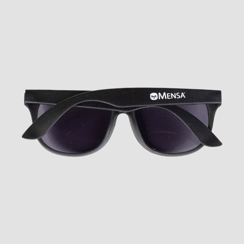 rear view of black mensa sunglasses with white "MENSA" logo on temple