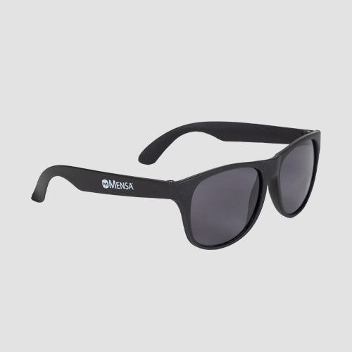 black Mensa retro sunglasses with white mensa logo on side