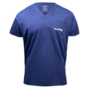 Navy scrub shirt with white 'SmartWear BY MENSA' text on left chest pocket
