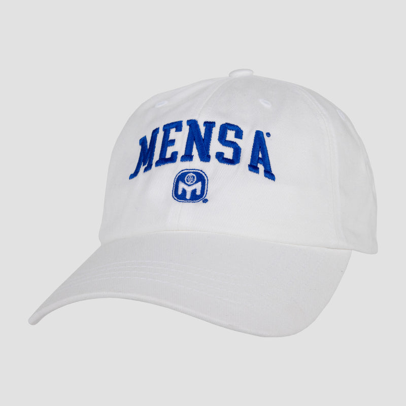 White hat with Blue Collegiate style MENSA logo on front